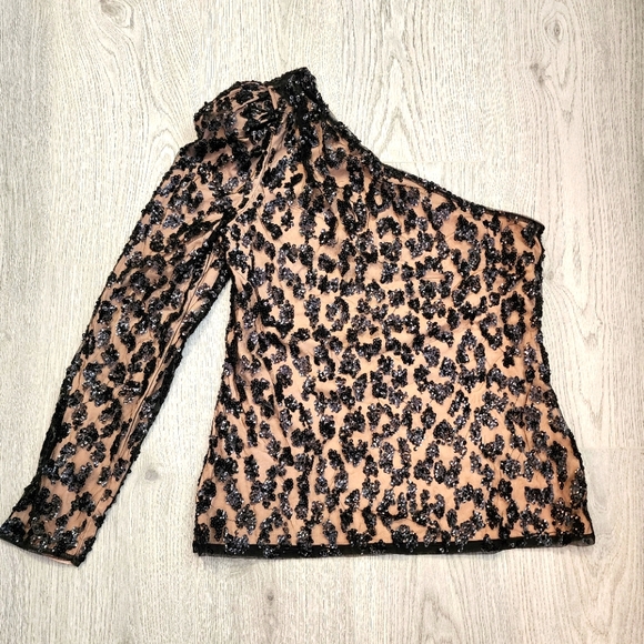 NWOT Express black and nude sequin one shoulder dress top, M never worn - Picture 1 of 5